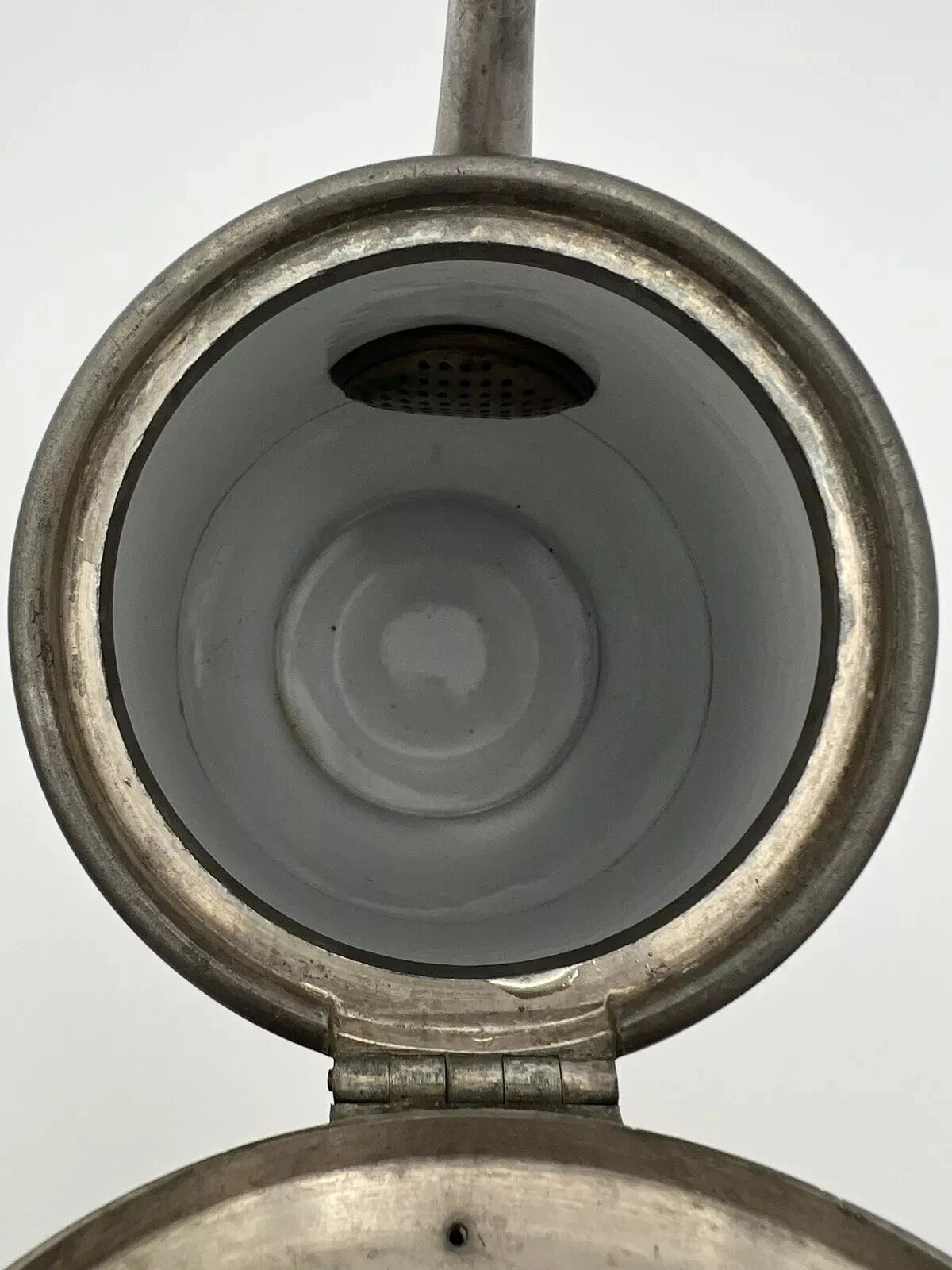 Antique Manning Bowman & Co 11” Teapot Coffee Pot Hand Painted Enamel & Pewter