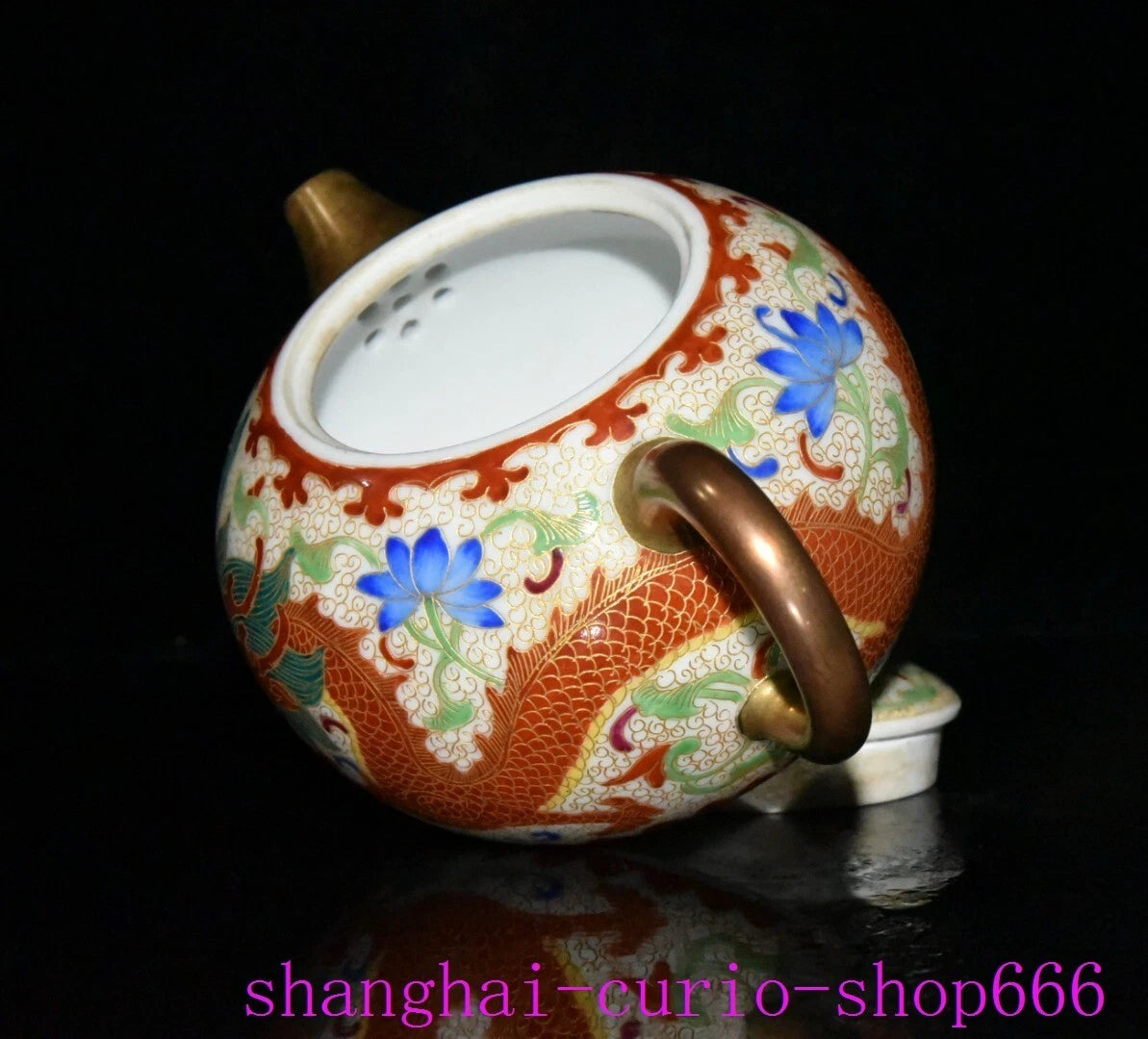 5.6"Qing Dynasty Qianlong enamel porcelain gilding dragon loong grain Teapot pot