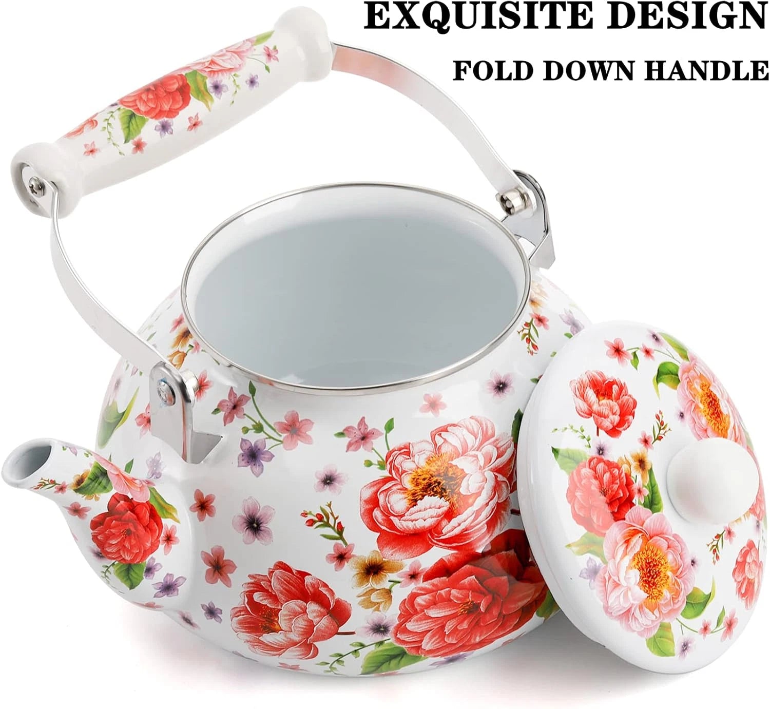 2.6 Quart Enamel Tea Kettle, 2.5L Porcelain Tea Pot with Handle for Hot Water, N