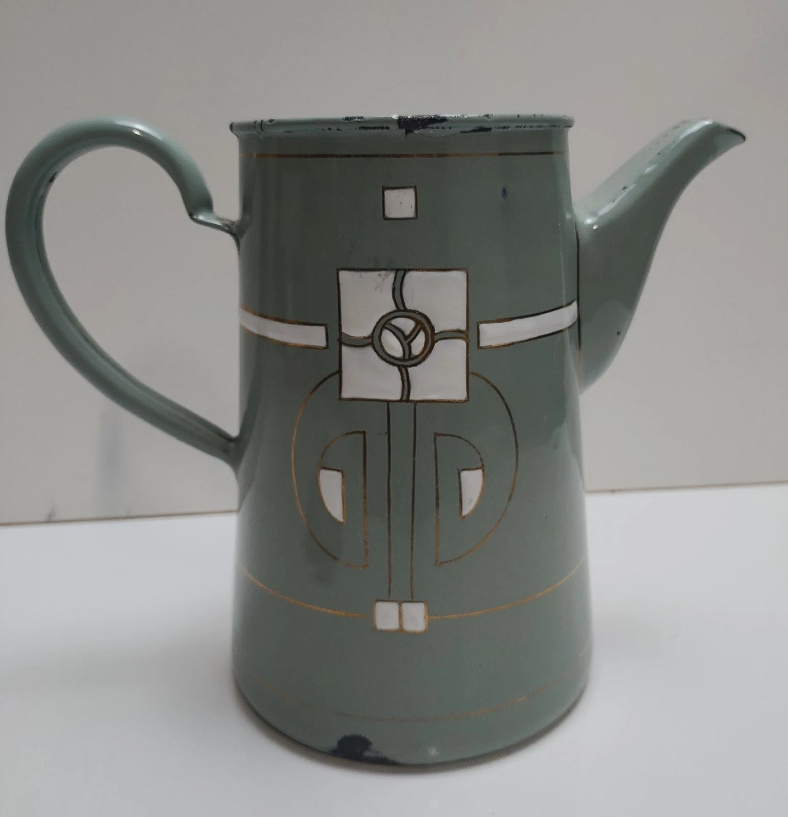 Antique Art Nouveau Jugendstil Blue Enamelware W/ Raised Elements Teapot Kettle