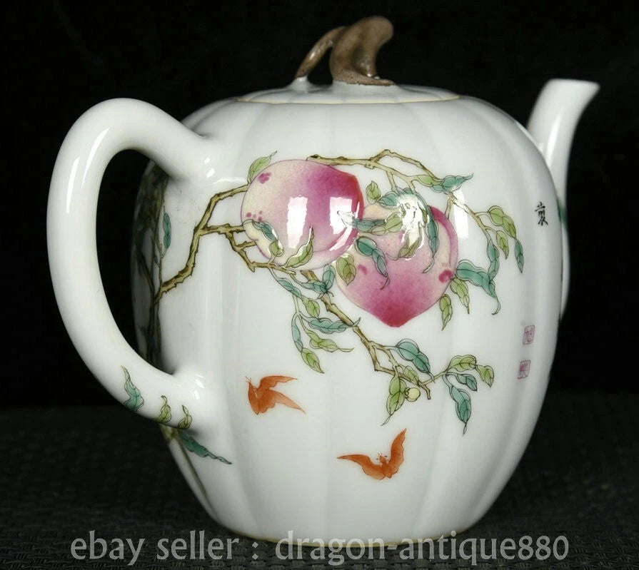 6.2" Old China Qianlong Marked Colour Enamel Porcelain Fushou Bat Peach Teapot