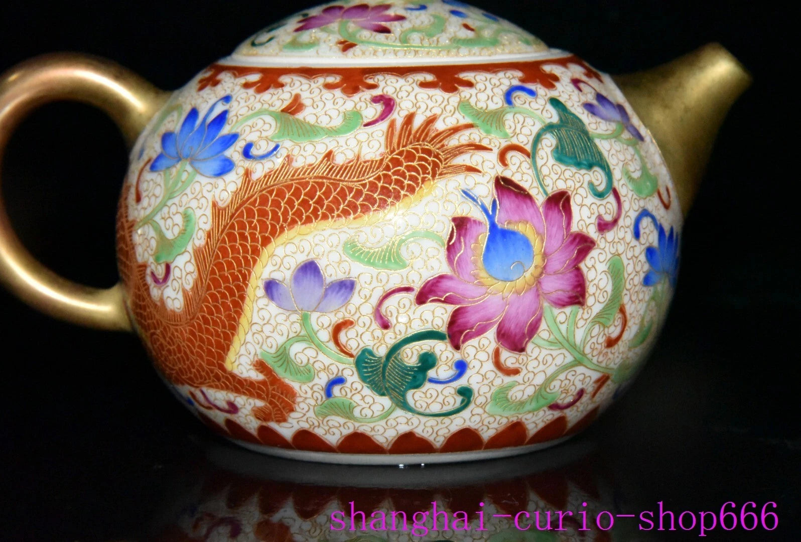 5.6"Qing Dynasty Qianlong enamel porcelain gilding dragon loong grain Teapot pot