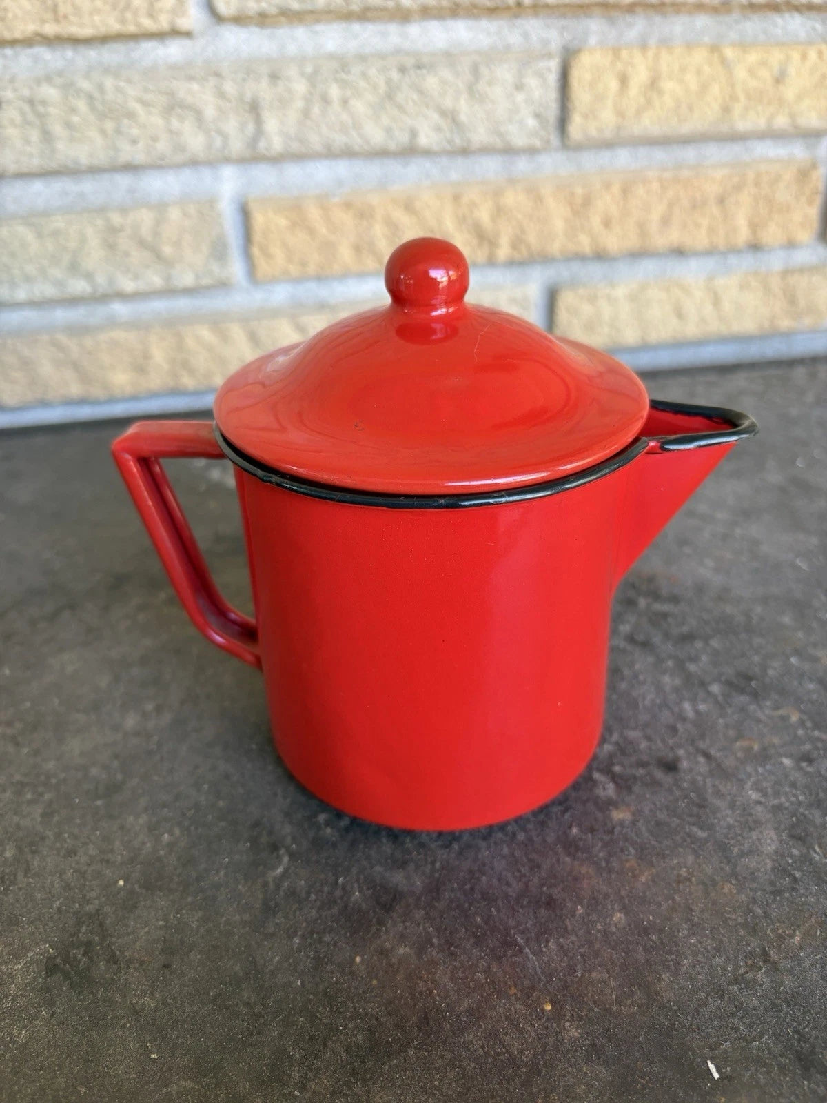 Enamel Red Coffee Pot Hand Tea Kettle With Sugar And Creamer Signs Of Wear