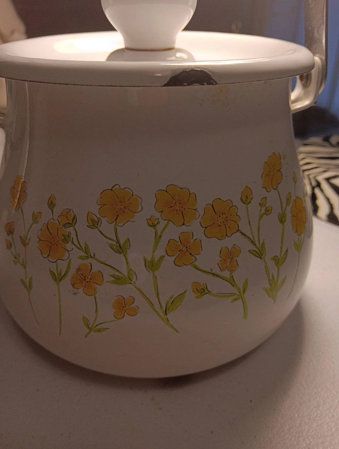 Enamelware Teapot White With Yellow Floral Design