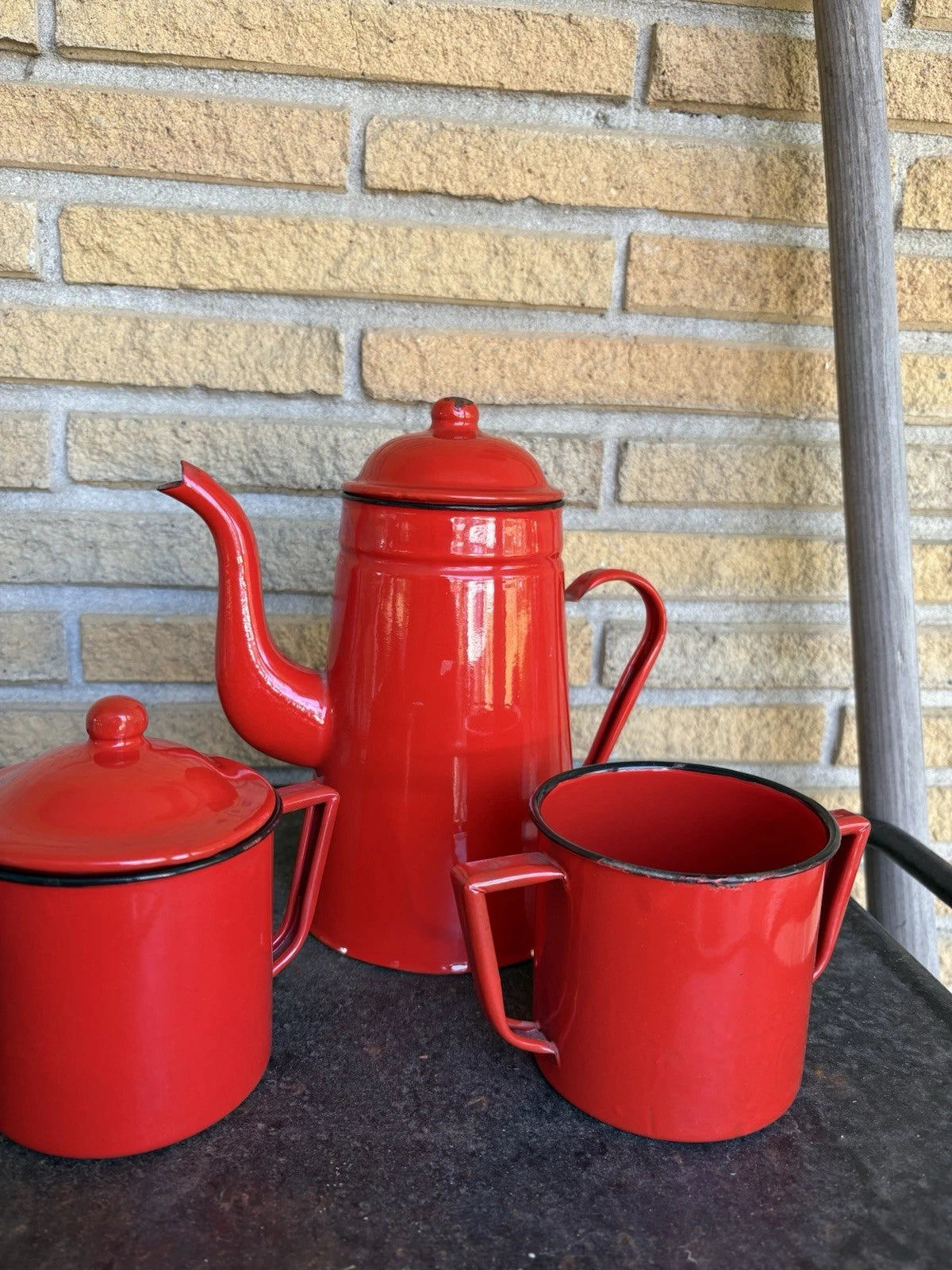 Enamel Red Coffee Pot Hand Tea Kettle With Sugar And Creamer Signs Of Wear