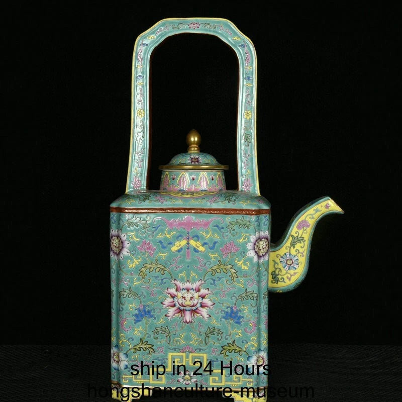 16.4" Yongzheng Marked Enamel Colour Porcelain Flower Handle Wine Tea Pot Flagon
