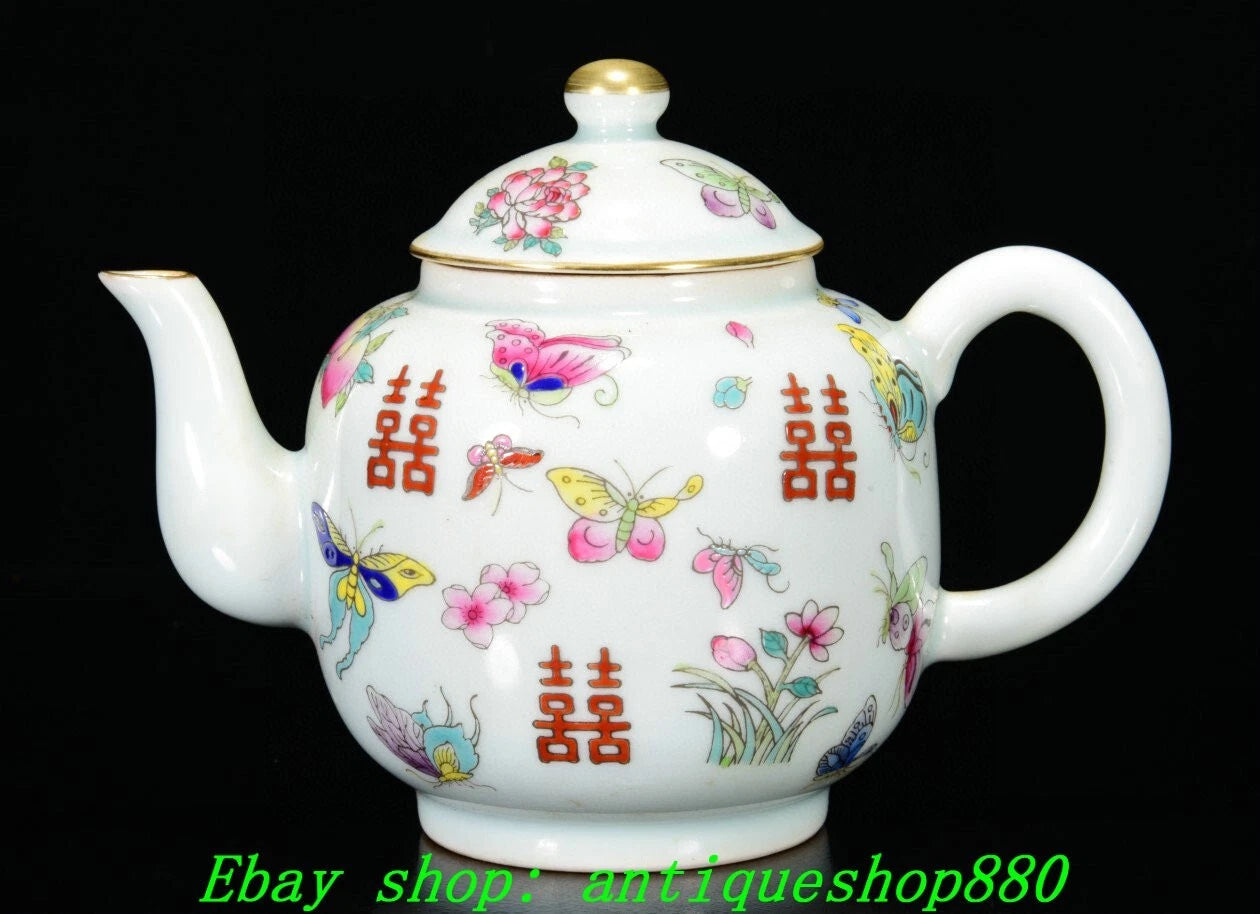 6.7''Qing Yongzheng Marked Enamel Colour Porcelain Butterfly Wine Tea Pot Flagon