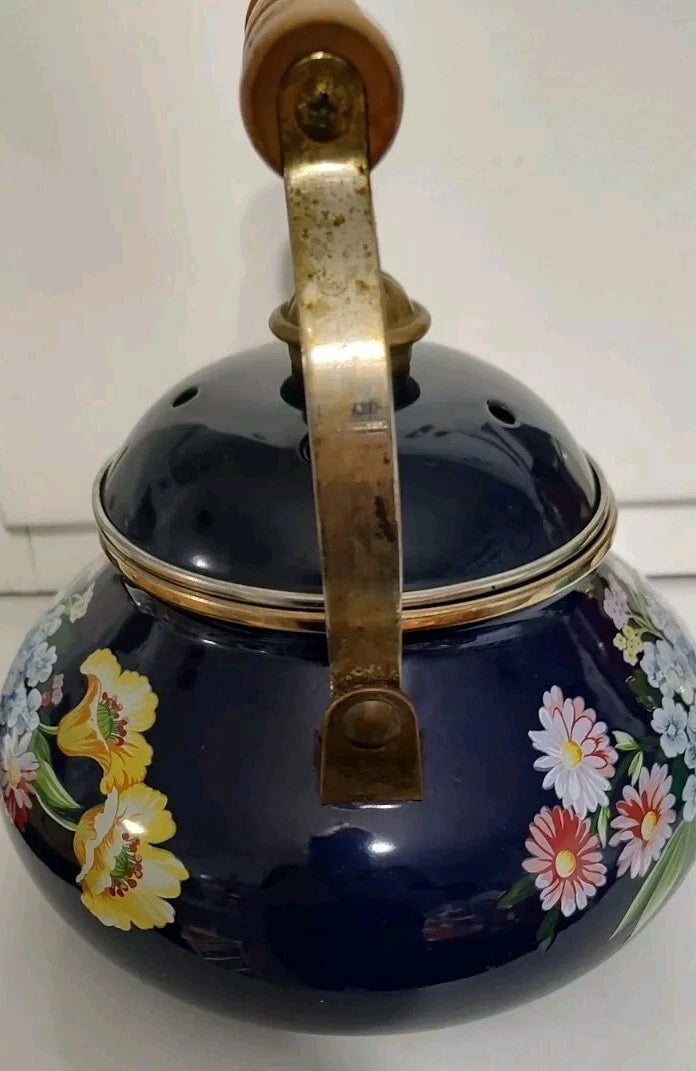 1983 GAILSTYN-SUTTON "Flower Garden" Vintage Enamel Ware Teapot Wooden Handle...