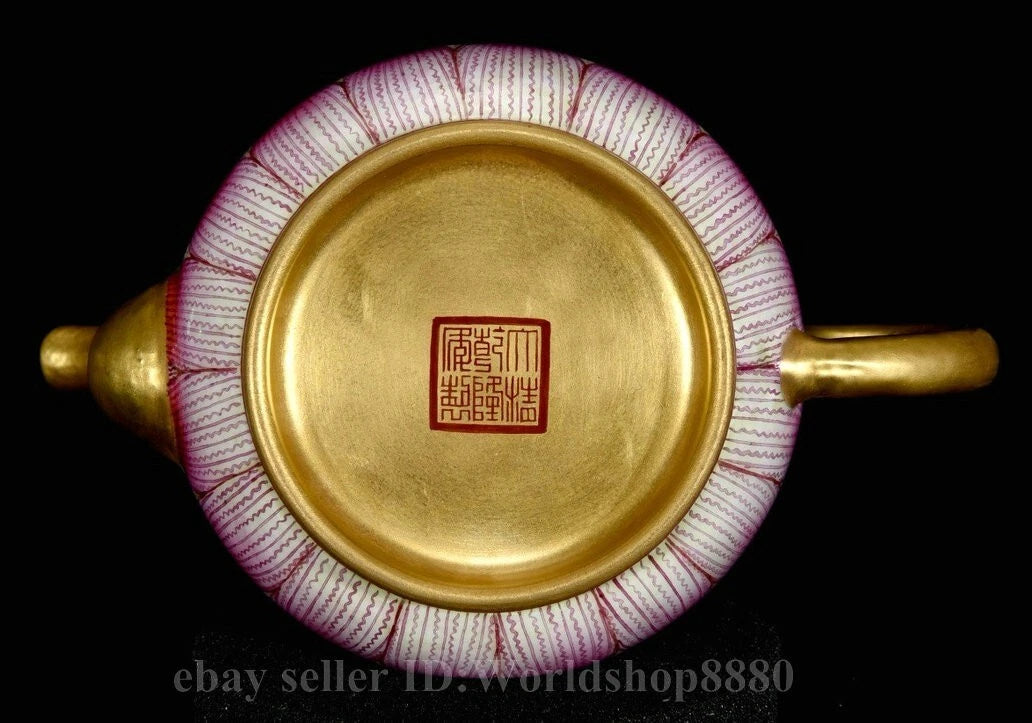 6.4"Qianlong Marked Enamel Porcelain Gilt Lotus Flower Petal Pattern Wine Teapot
