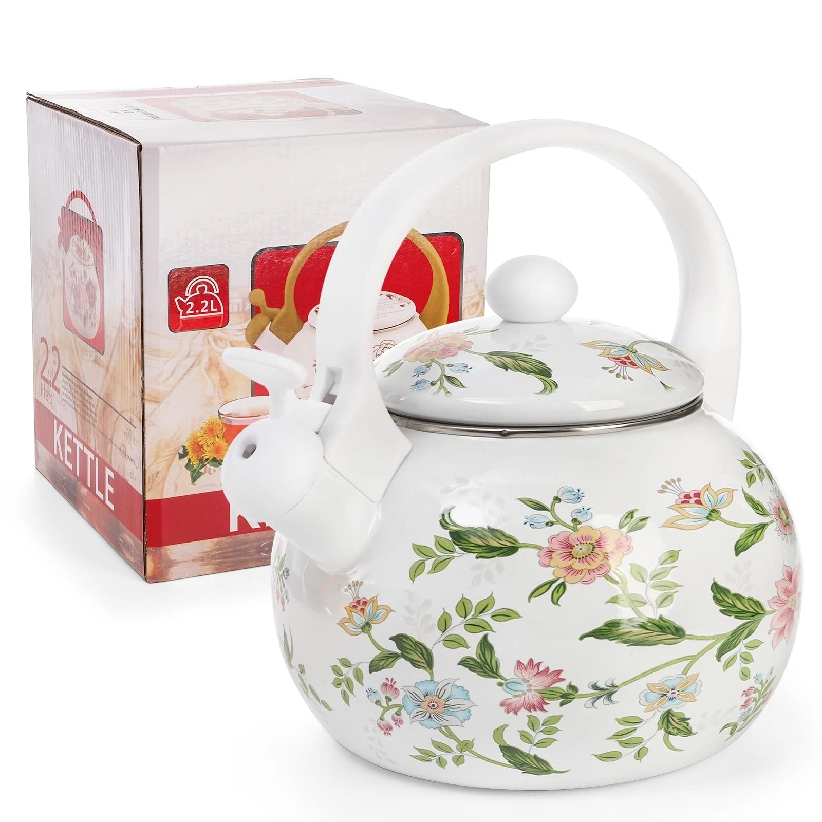 2.3 Quart Vintage Enamel Tea Kettle, Whistling Tea Kettle for Stove Top, Flor...