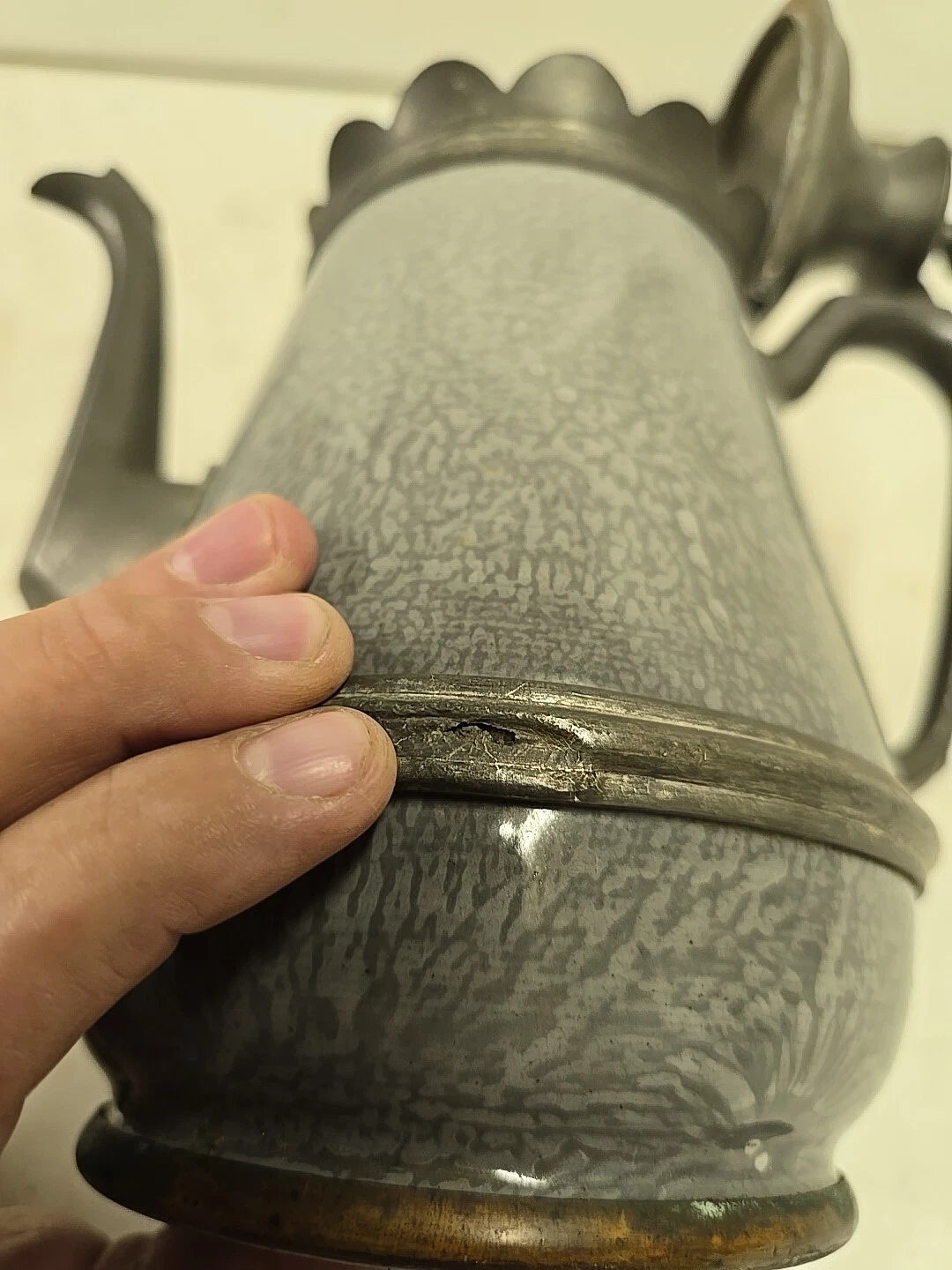 Antique Victorian Graniteware & Pewter Enameled Coffe Tea Pot