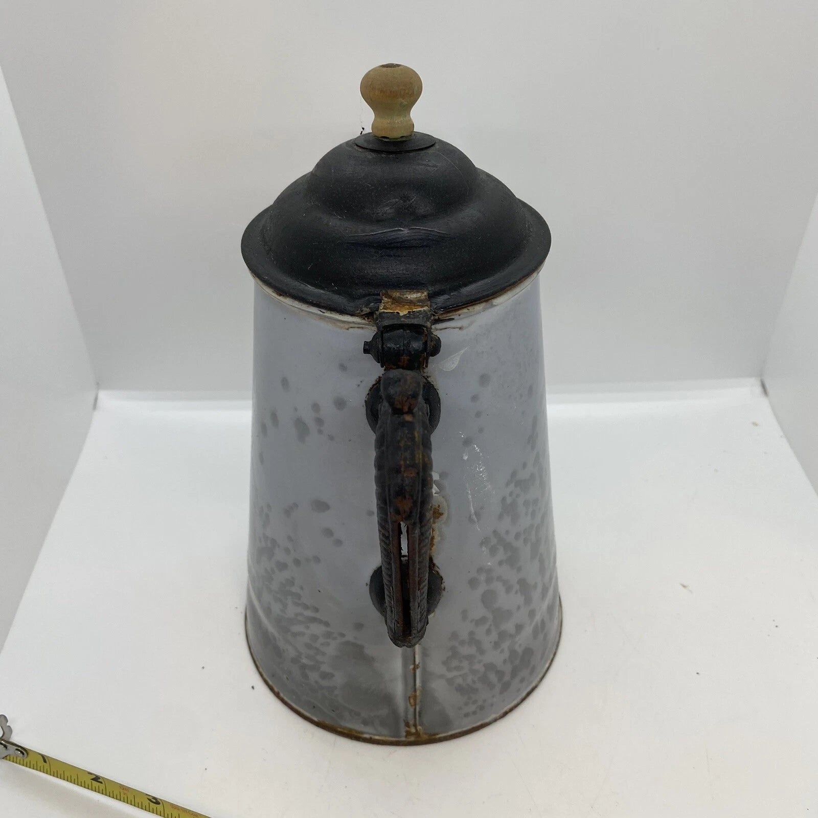 Antique American GRANITEWARE Grey Mottled Enamel Gooseneck 8" Teapot Coffee