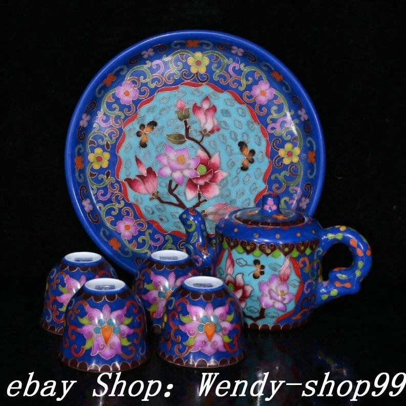DaMing Chenghua Cloisonne Enamel Porcelain Filigree Flower Teapot Cup Plate Set