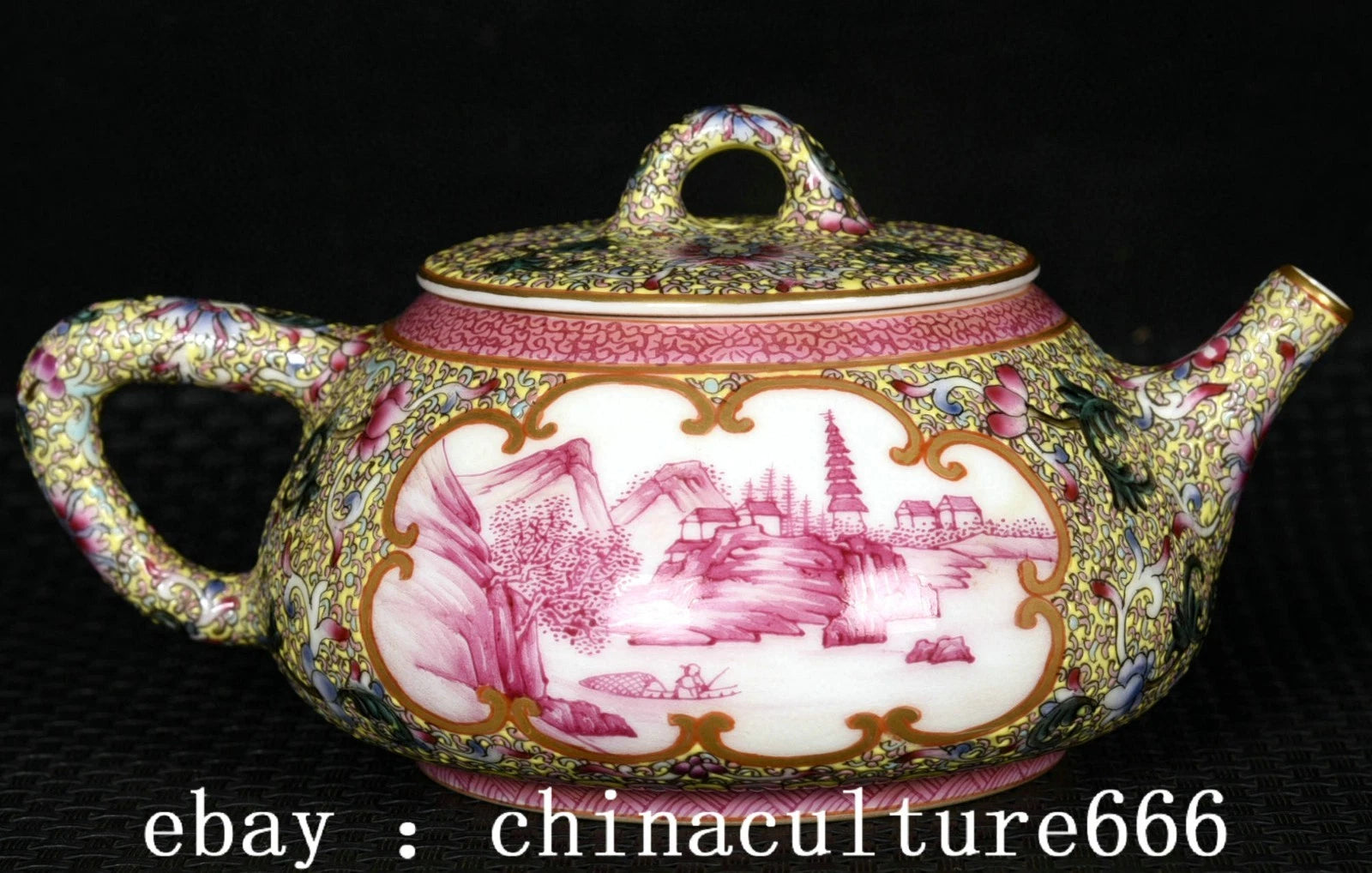 6" Qianlong Dynasty Colour Enamel Porcelain Flower Bird Animal Lid Teapot Pot