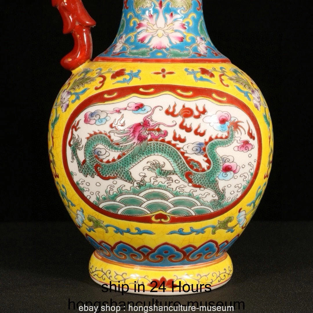 11.6" Qianlong Marked Enamel Porcelain Dragon Phoenix Beast Head Wine Tea Pot