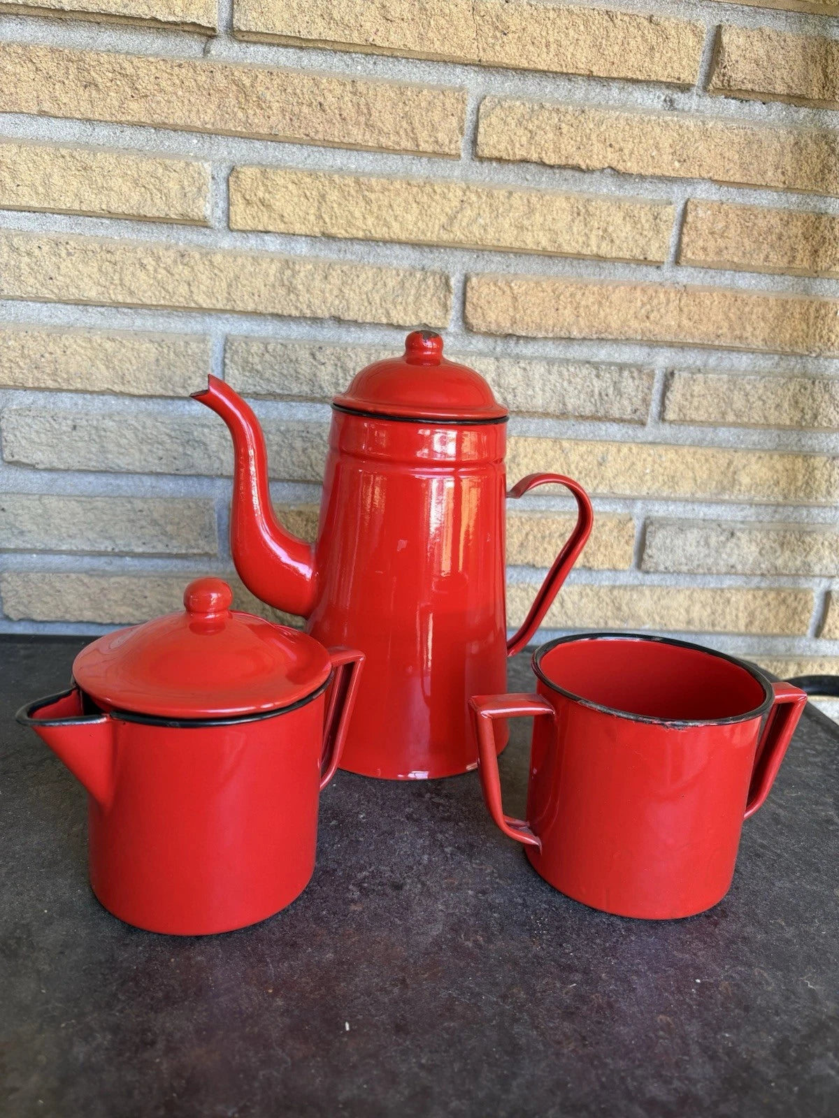 Enamel Red Coffee Pot Hand Tea Kettle With Sugar And Creamer Signs Of Wear