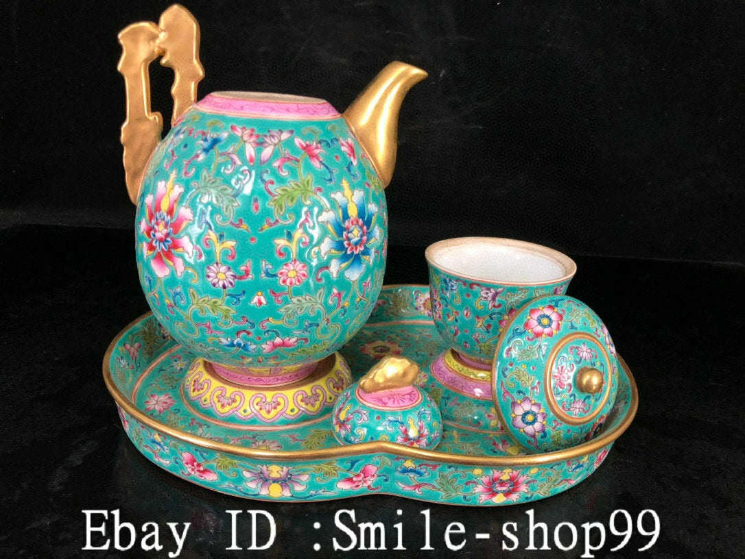7.8" Old Qing Dynasty Enamel Colour Porcelain Gilt Wine Tea Pot Flagon Cup Set