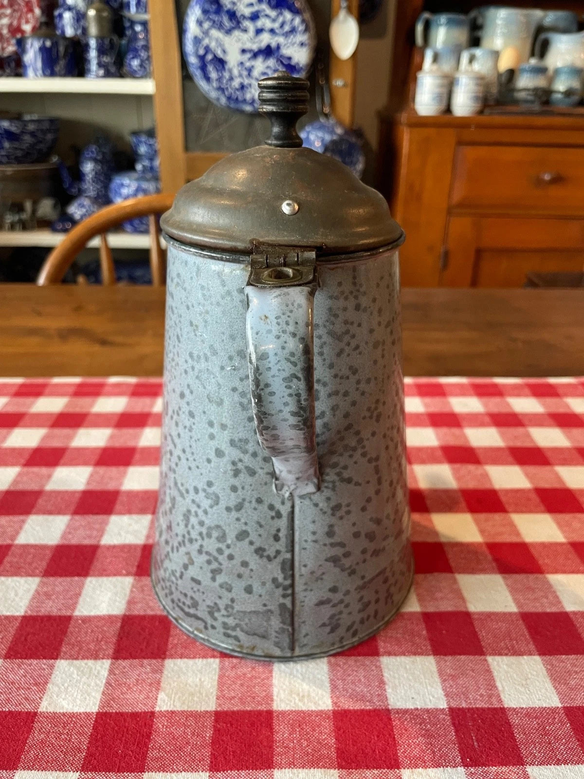 Antique Gray Graniteware Gooseneck Teapot