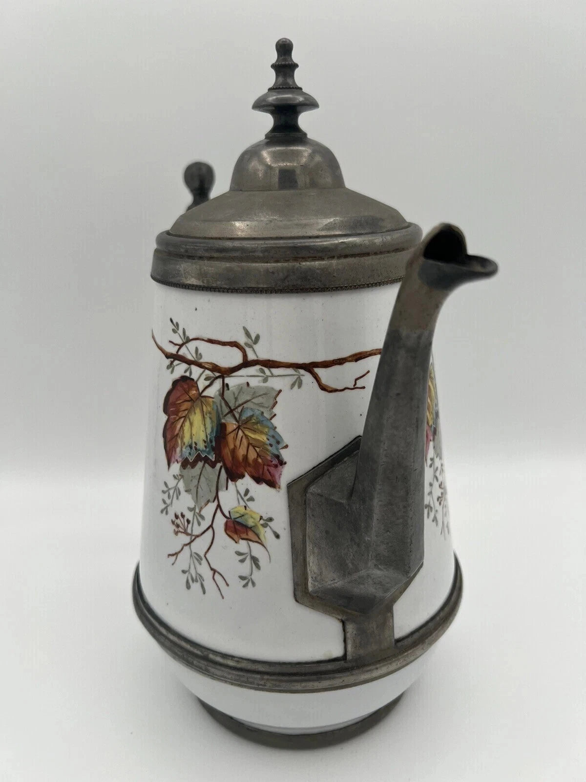 Antique Manning Bowman & Co 11” Teapot Coffee Pot Hand Painted Enamel & Pewter