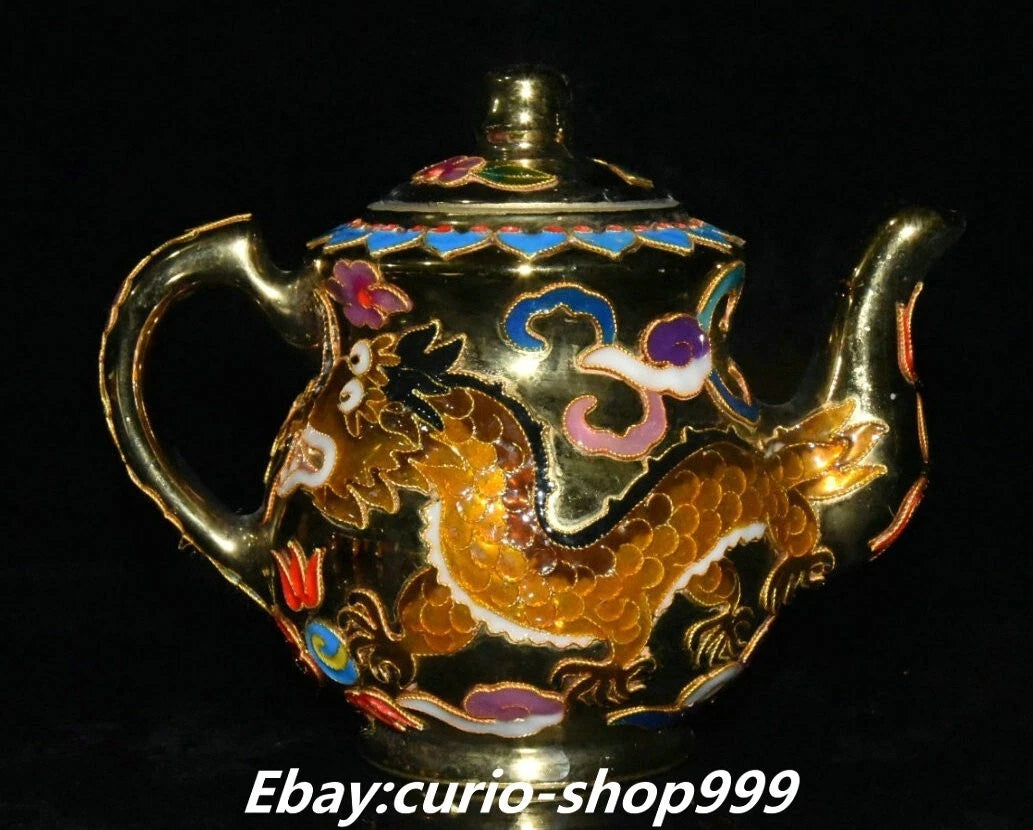 9" Enamel Porcelain Filigree Gold Dragon Crane Birds Tea Pot Cup Tray Tea Set