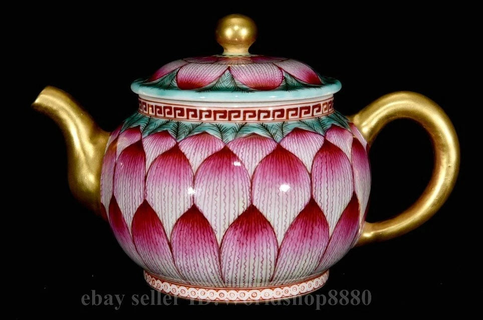 6.4"Qianlong Marked Enamel Porcelain Gilt Lotus Flower Petal Pattern Wine Teapot