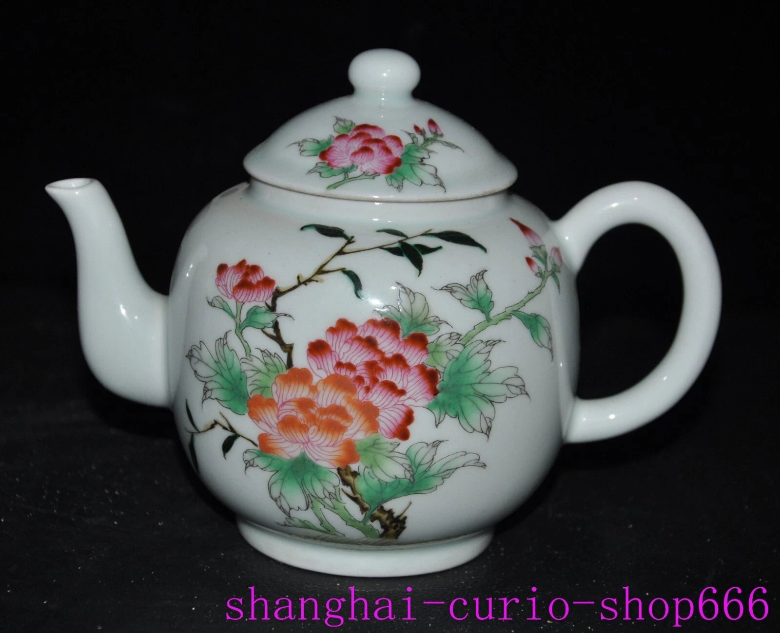6.6"Qing Dynasty Qianlong enamel porcelain flowers text Tea set Teapot statue