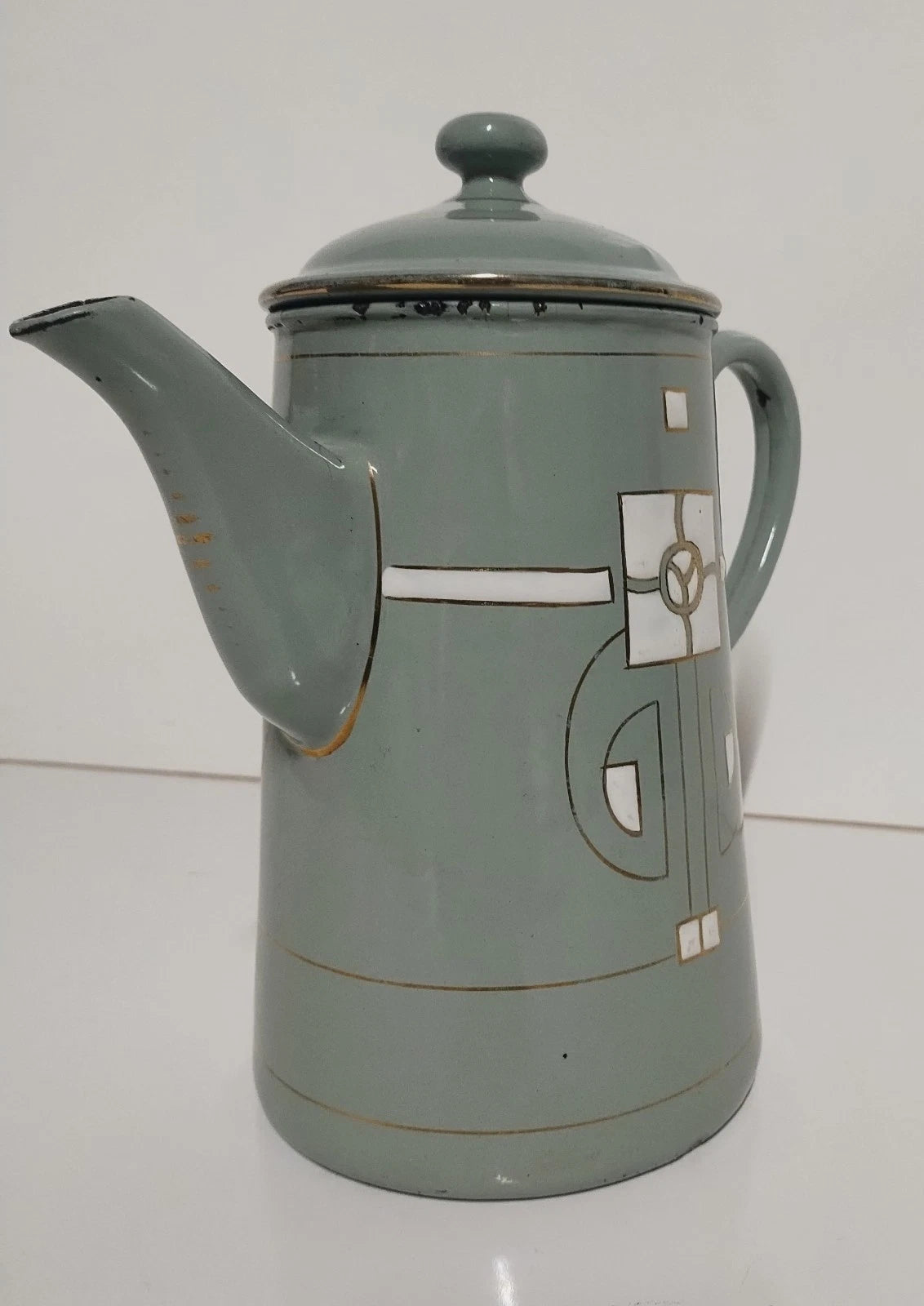 Antique Art Nouveau Jugendstil Blue Enamelware W/ Raised Elements Teapot Kettle