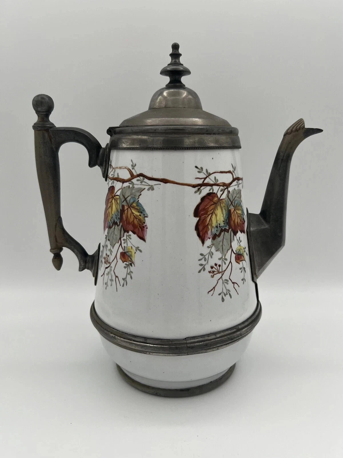 Antique Manning Bowman & Co 11” Teapot Coffee Pot Hand Painted Enamel & Pewter