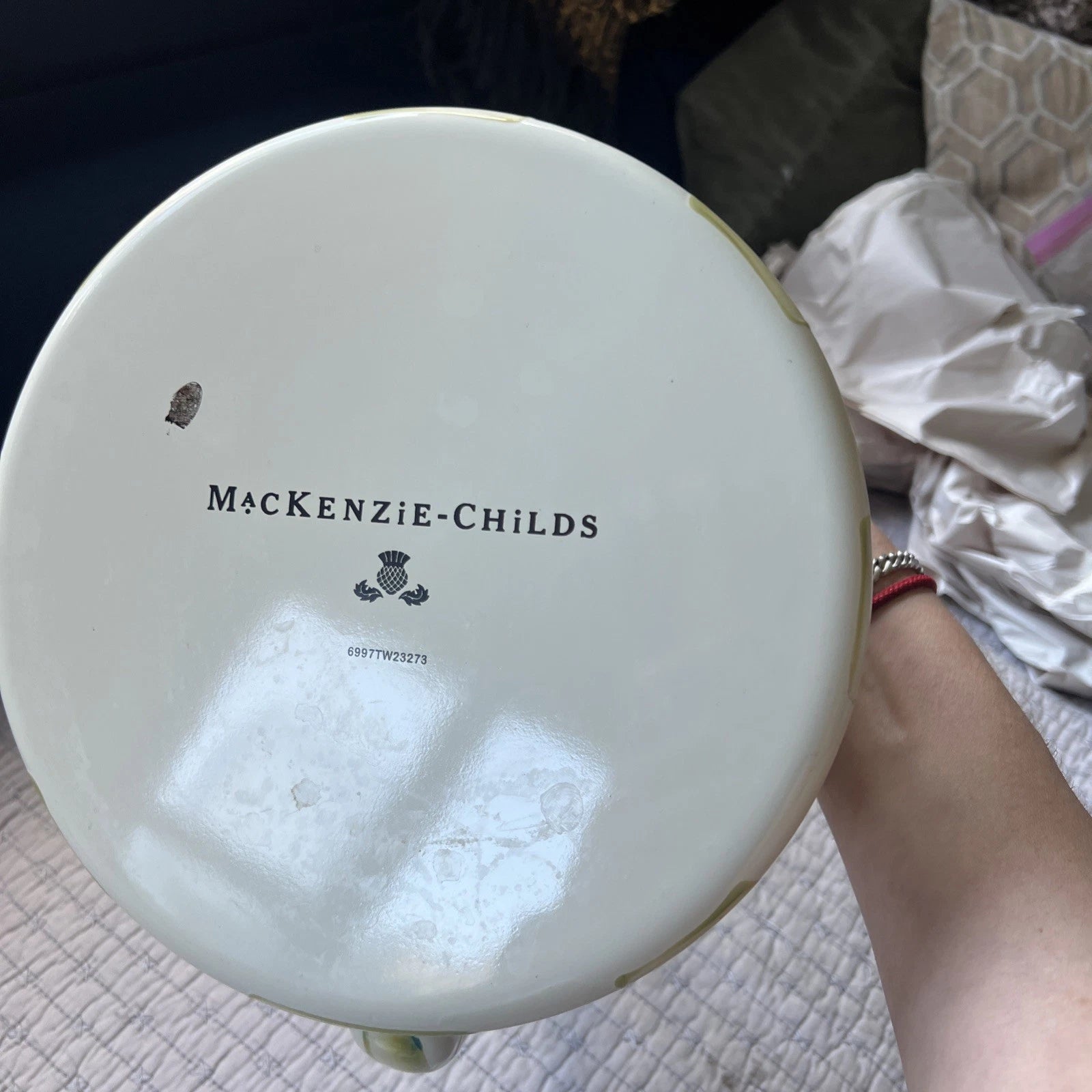 MACKENZIE CHILD PARCHMENT TEAPOT KETTLE ENAMEL AMBER FINIA -