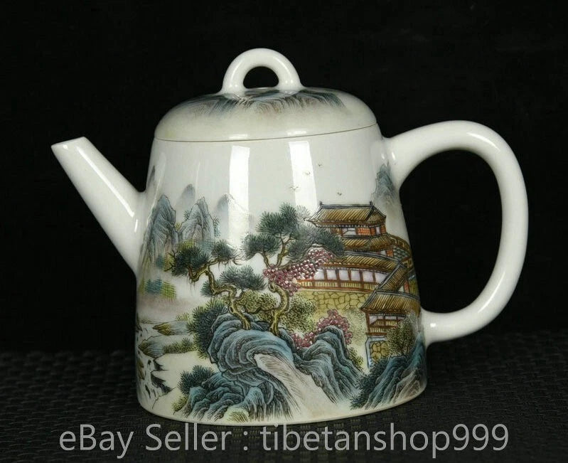 5" Old Chinese Yongzheng Enamel Porcelain Landscape Handle Tea Pot Kettle