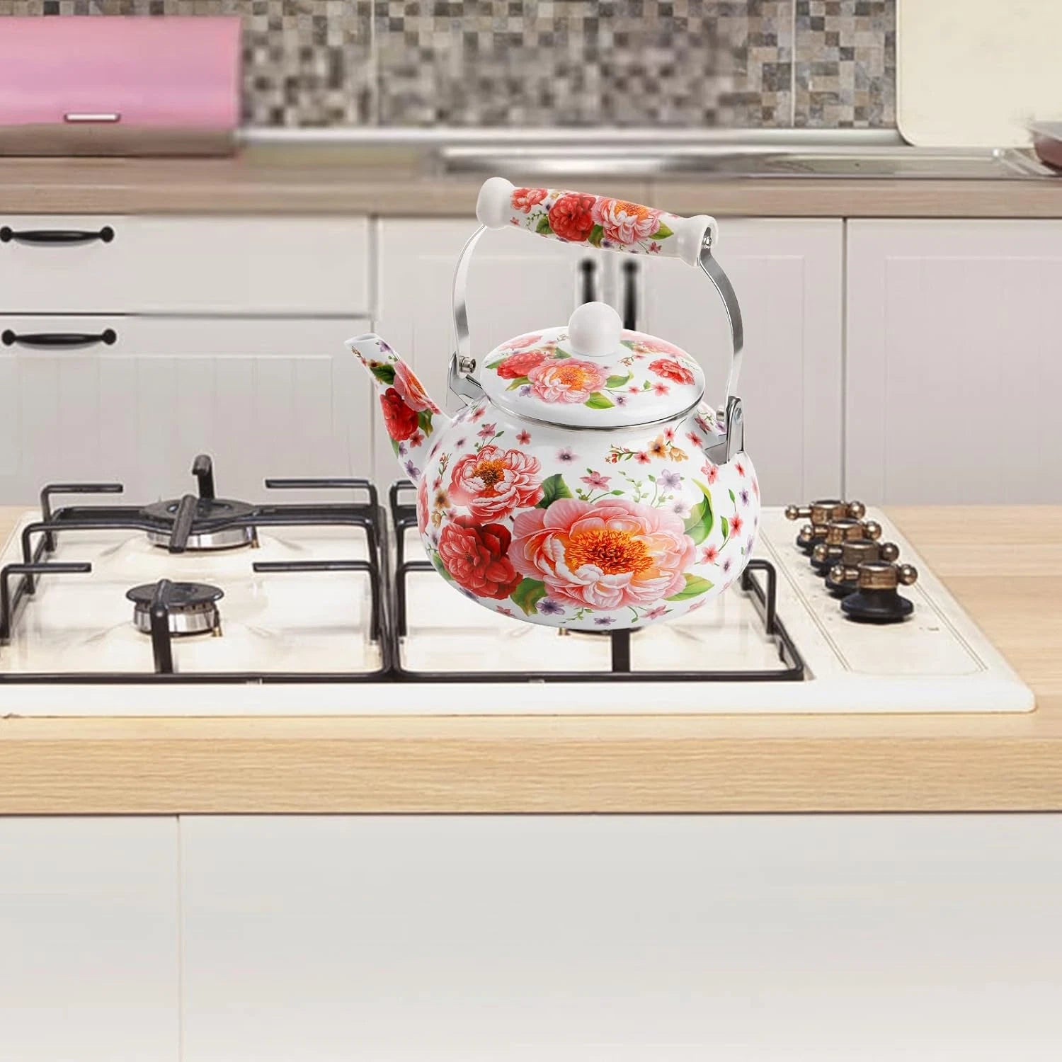 2.6 Quart Enamel Tea Kettle, 2.5L Porcelain Tea Pot with Handle for Hot Water, N