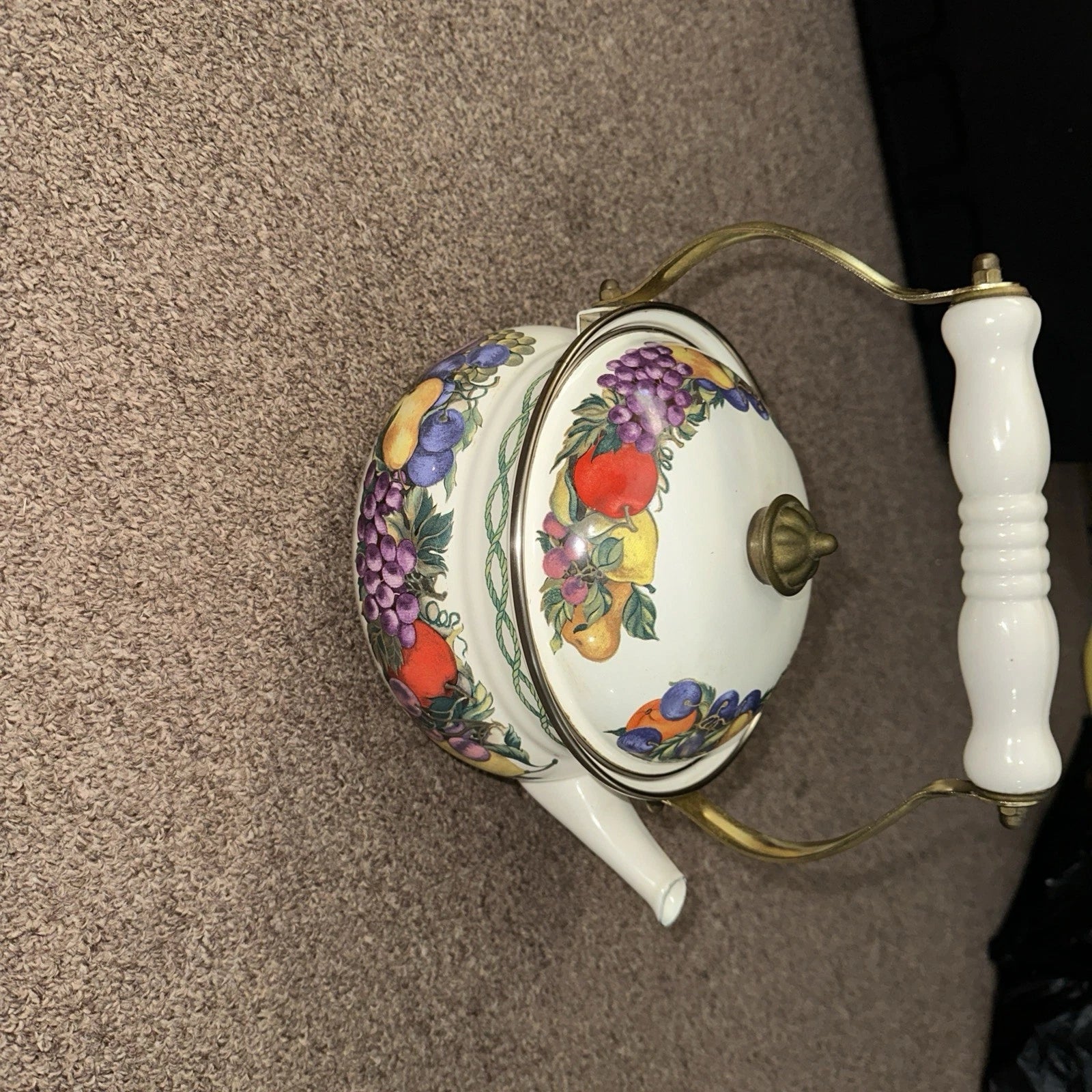 CORNUCOPIA DECORATIVE ENAMEL COATED TEA POT FRUIT DESIGN BRASS & CERAMIC HANDLE