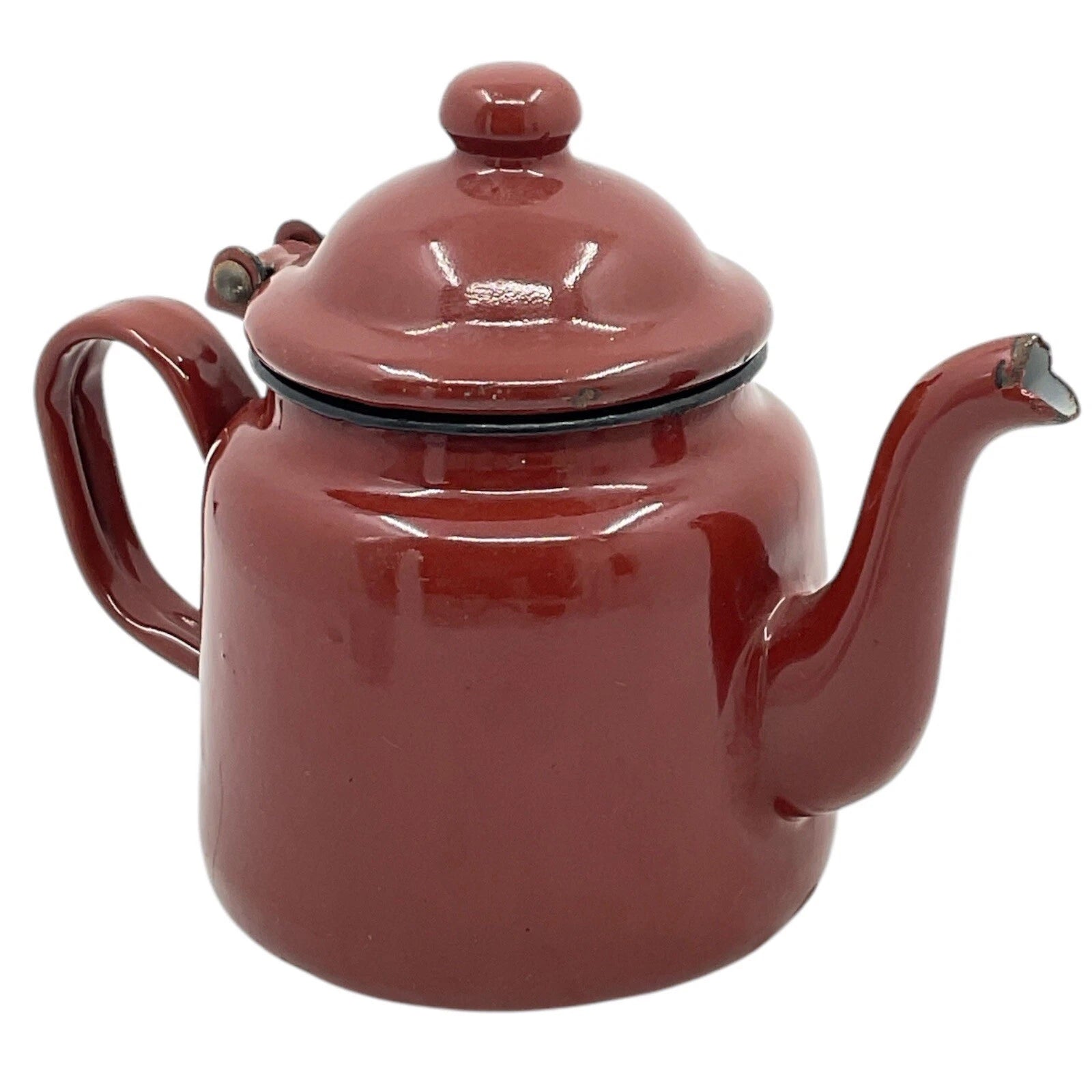 Brown Tea Pot With Hinged Lid Small Enamelware Vintage Farmhouse Decor