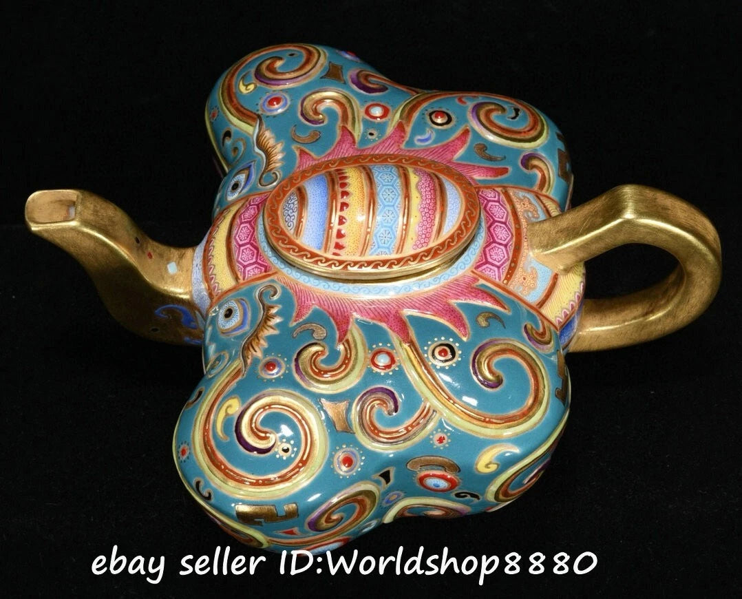 5.6" Qianlong Marked Enamel Porcelain Gilt Flower Butterfly Shaped Wine Tea Pot