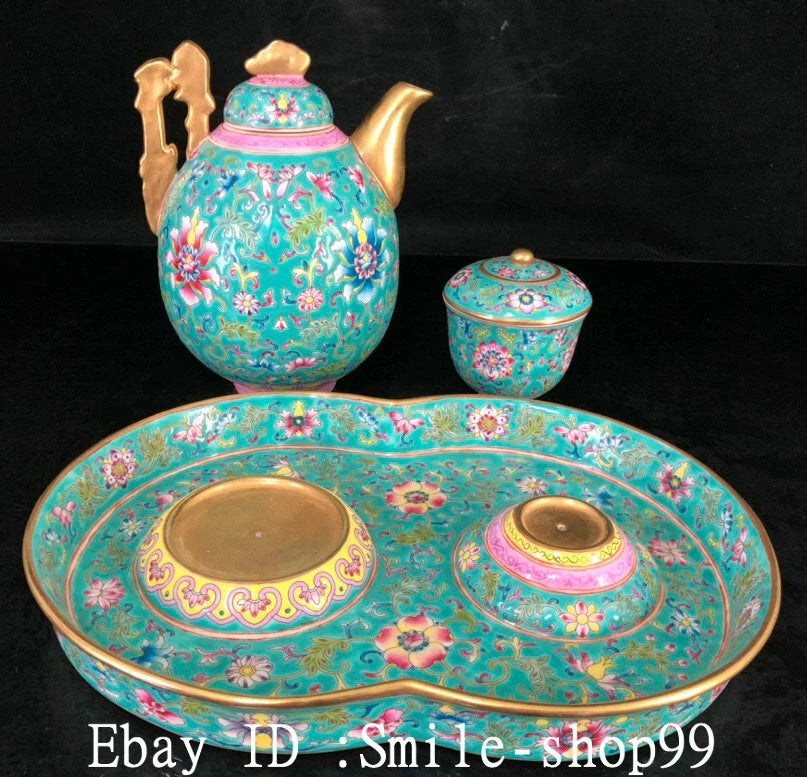 7.8" Old Qing Dynasty Enamel Colour Porcelain Gilt Wine Tea Pot Flagon Cup Set