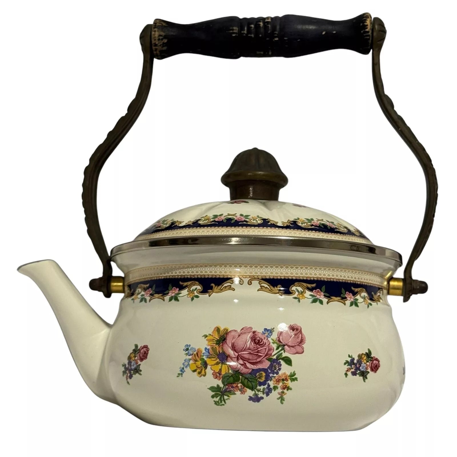 ASTA Enamelware Tea Kettle 1960s Teapot Brass Handles Floral Vtg West Germany