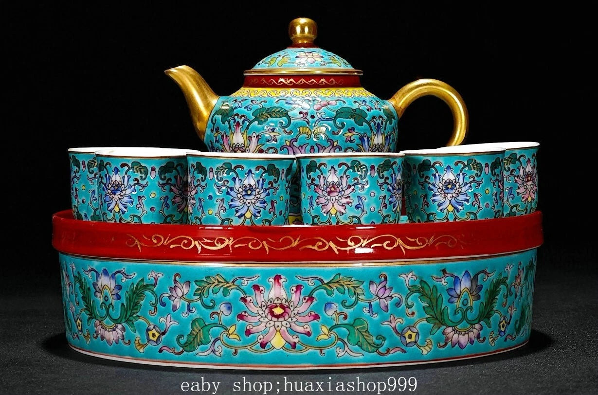 6" YongZheng Colour Enamel Porcelain Gilt Flower Pattern Teapot Cup Tray Set