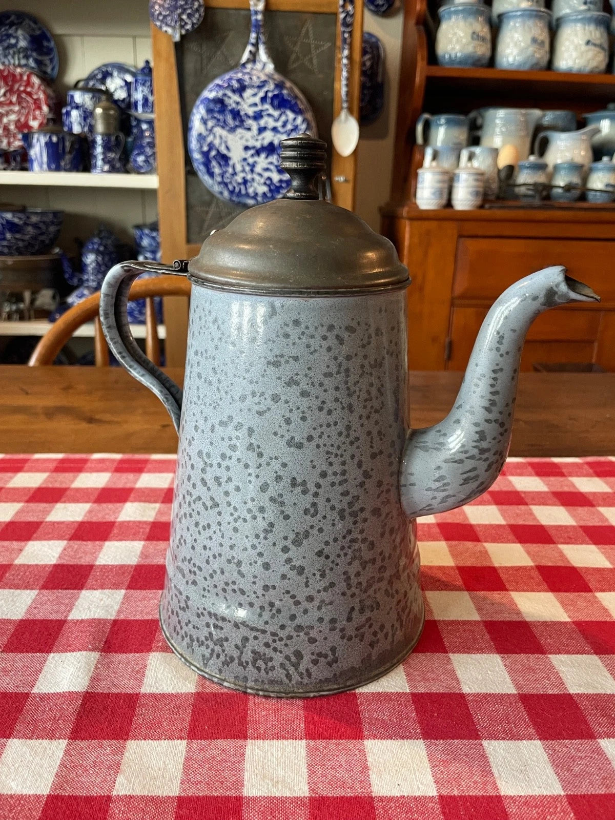 Antique Gray Graniteware Gooseneck Teapot