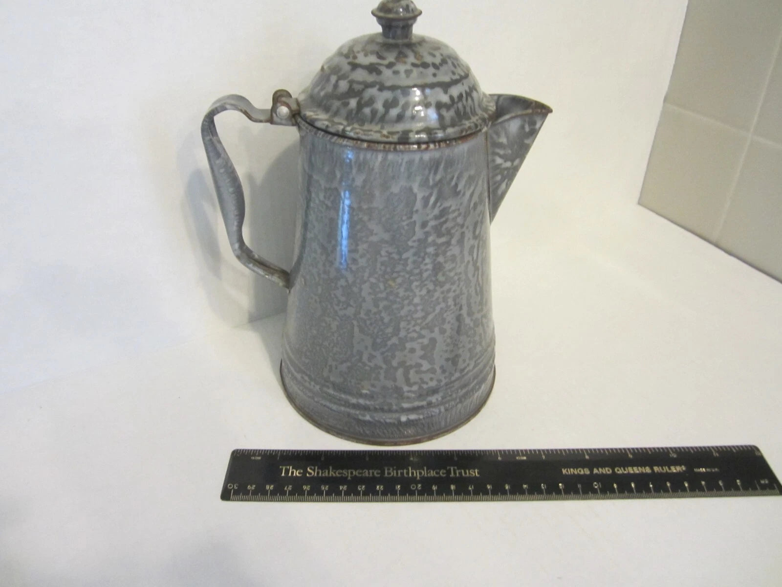 Antique Gray Granite Ware Enamel Coffee Tea Pot Cowboy w/Tin Lid Camping