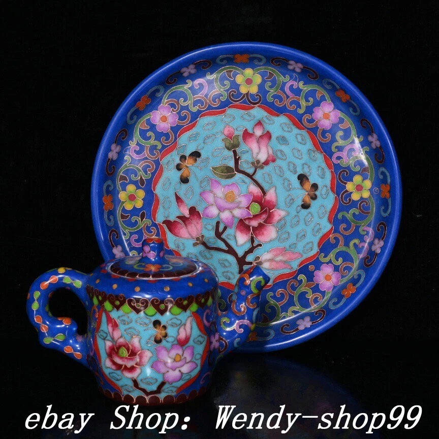 DaMing Chenghua Cloisonne Enamel Porcelain Filigree Flower Teapot Cup Plate Set