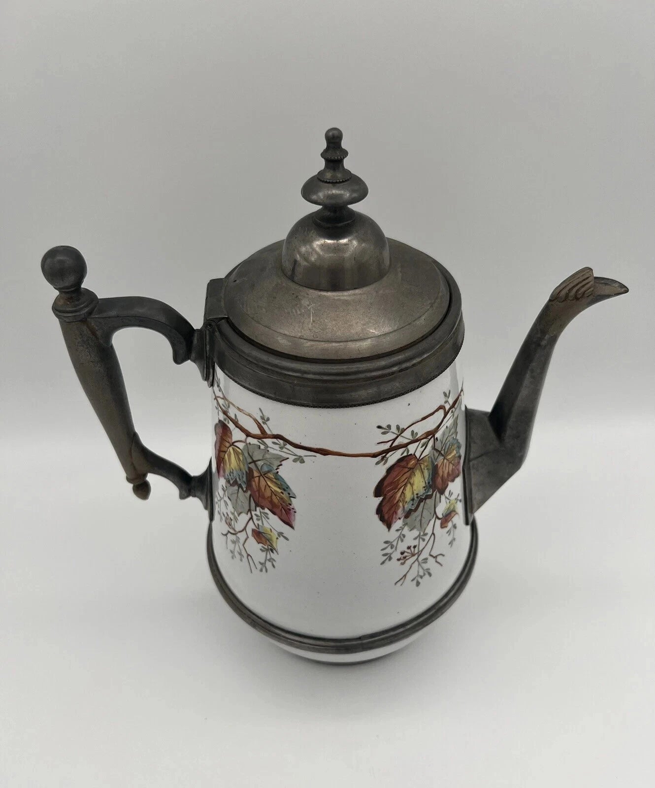 Antique Manning Bowman & Co 11” Teapot Coffee Pot Hand Painted Enamel & Pewter