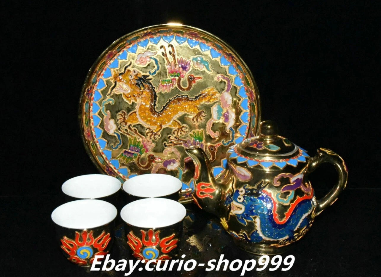 9" Enamel Porcelain Filigree Gold Dragon Crane Birds Tea Pot Cup Tray Tea Set