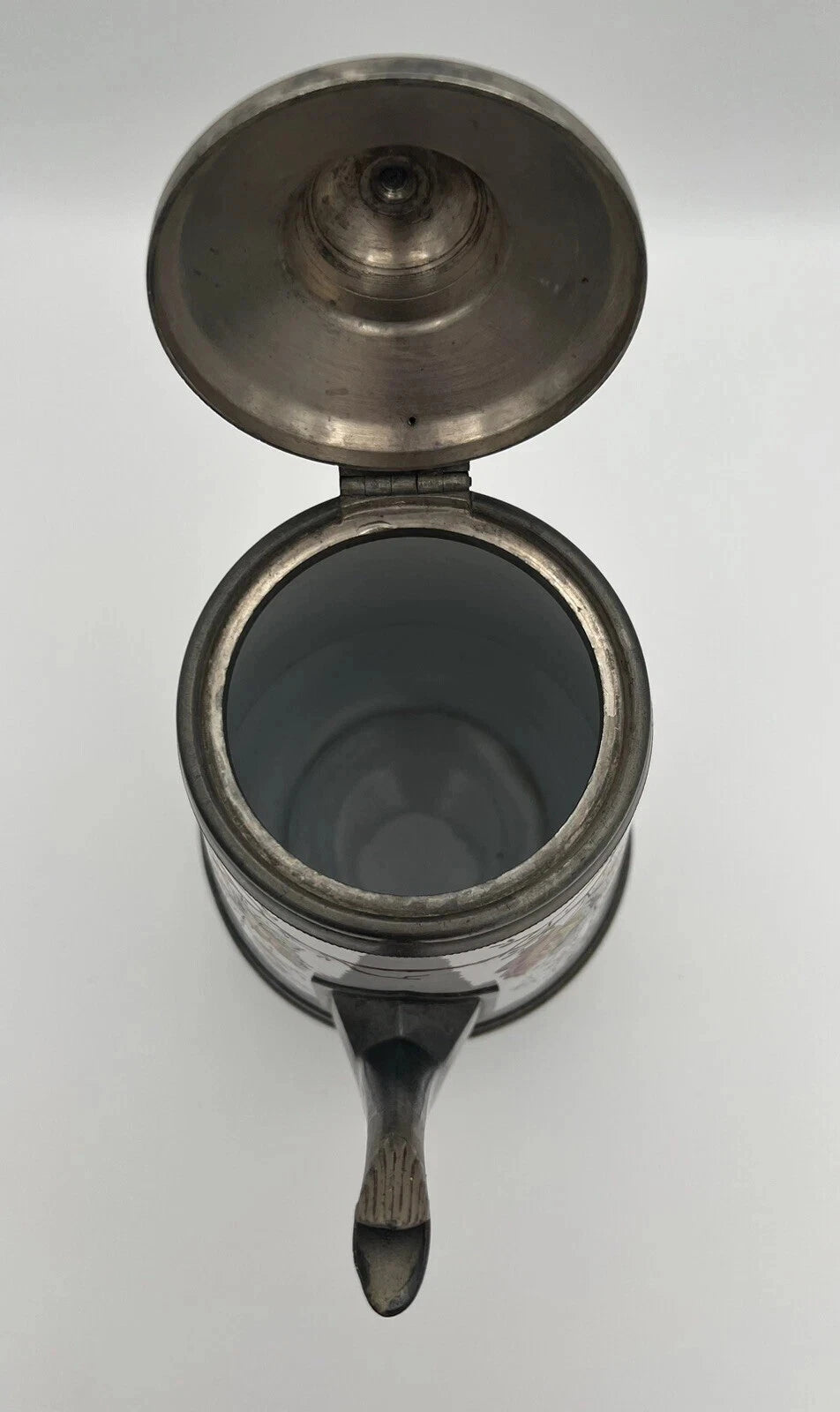 Antique Manning Bowman & Co 11” Teapot Coffee Pot Hand Painted Enamel & Pewter