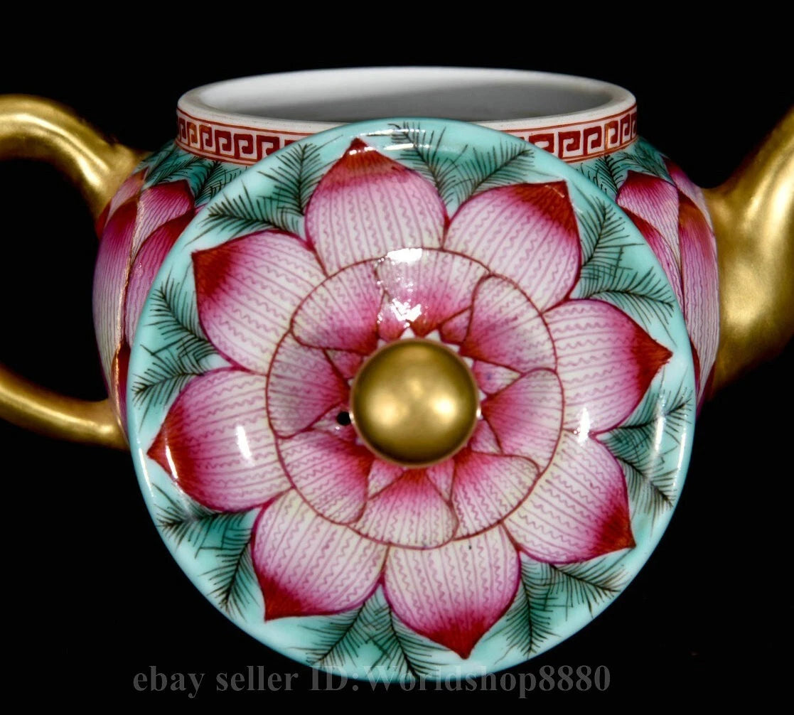 6.4"Qianlong Marked Enamel Porcelain Gilt Lotus Flower Petal Pattern Wine Teapot