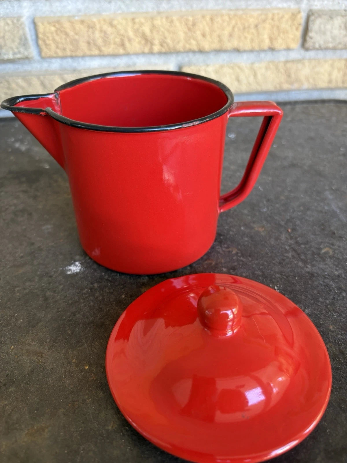 Enamel Red Coffee Pot Hand Tea Kettle With Sugar And Creamer Signs Of Wear