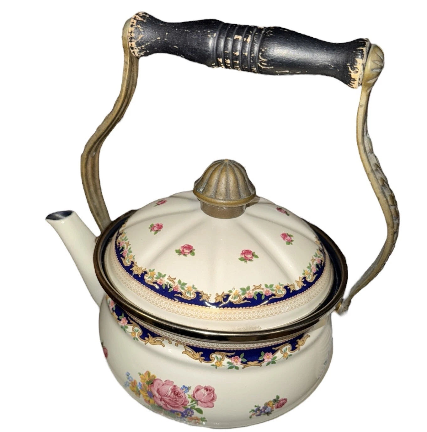 ASTA Enamelware Tea Kettle 1960s Teapot Brass Handles Floral Vtg West Germany