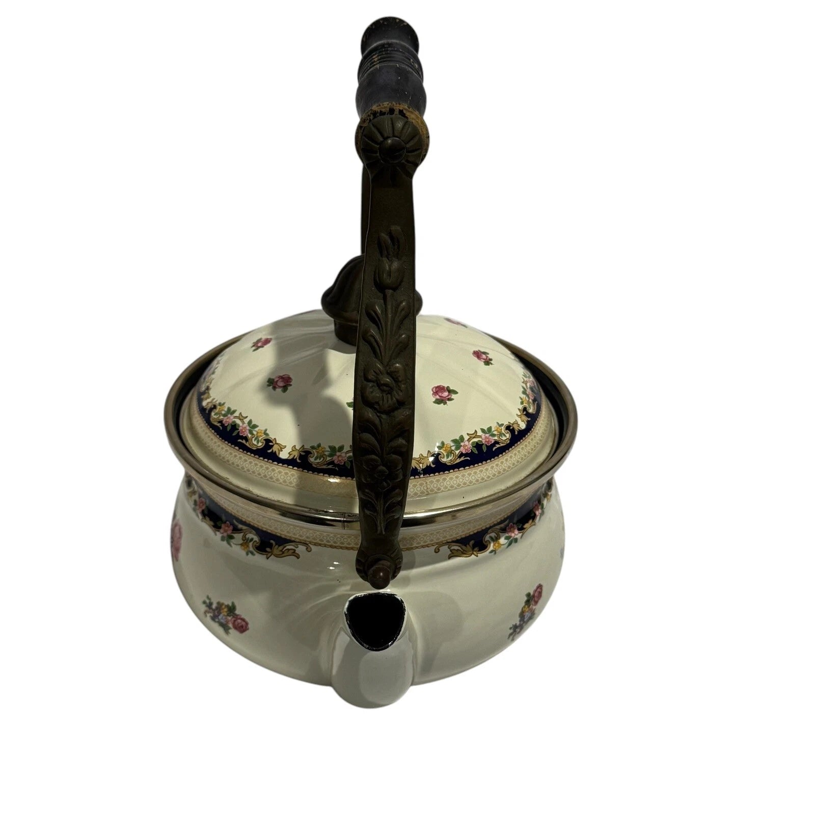 ASTA Enamelware Tea Kettle 1960s Teapot Brass Handles Floral Vtg West Germany