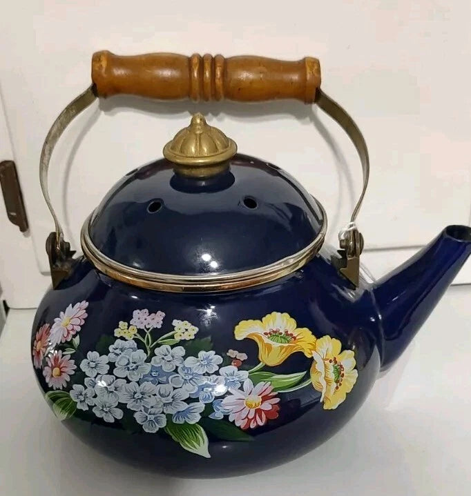 1983 GAILSTYN-SUTTON "Flower Garden" Vintage Enamel Ware Teapot Wooden Handle...
