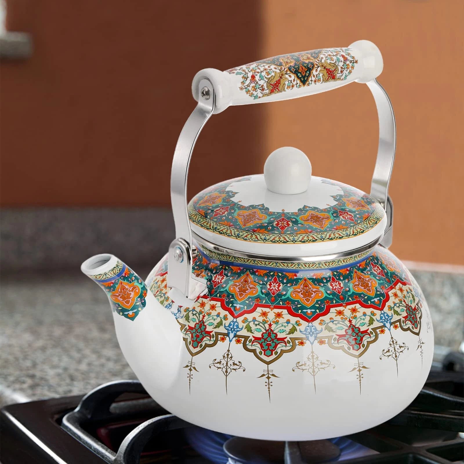 Ceramic Enamel Tea Kettle 2.6 Quart Large Floral Colorful Teapot With Handle For
