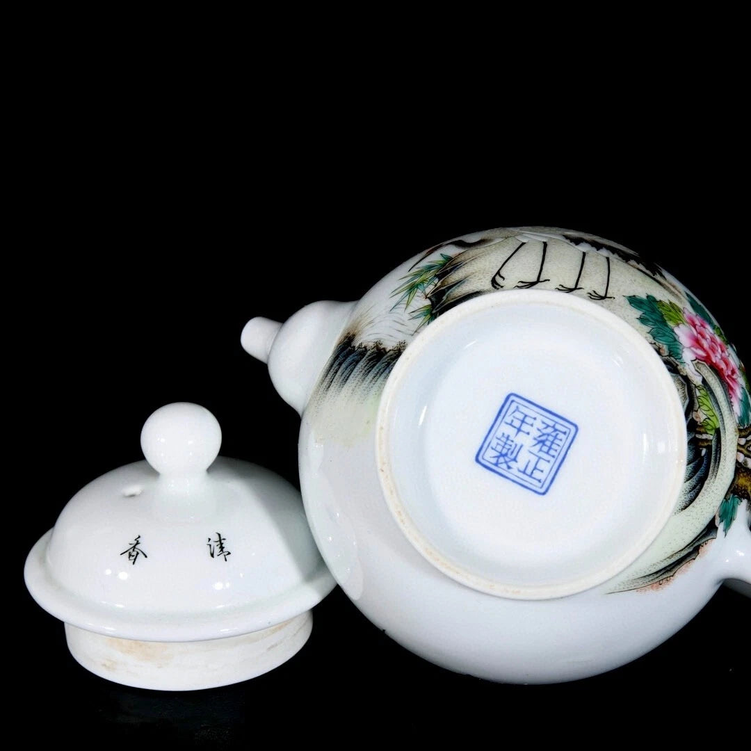 China antique Qing Dy Yongzheng Enamel Pine Tree Crane Porcelain Teapot Wine Pot